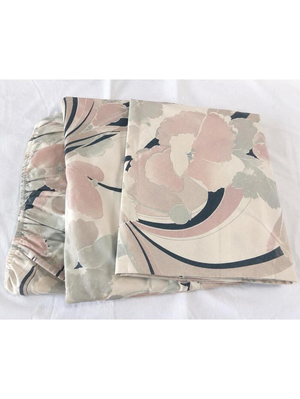 Vintage Full Fitted Sheet & Pillowcase Pink Gray Floral Retro Cottagecore